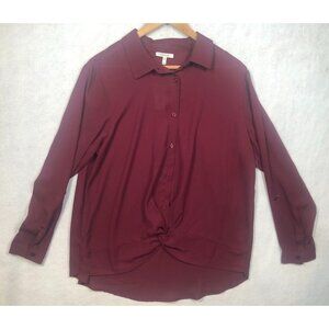 Maurices Button Front Blouse Maroon Burgundy Knot Front Long Sleeved Women's XL